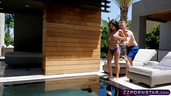 Busty chick gets fucked hard outdoors by a pool