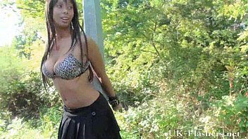 Ebony teen babe flashes tits and pussy outdoors of daring young black exhibition